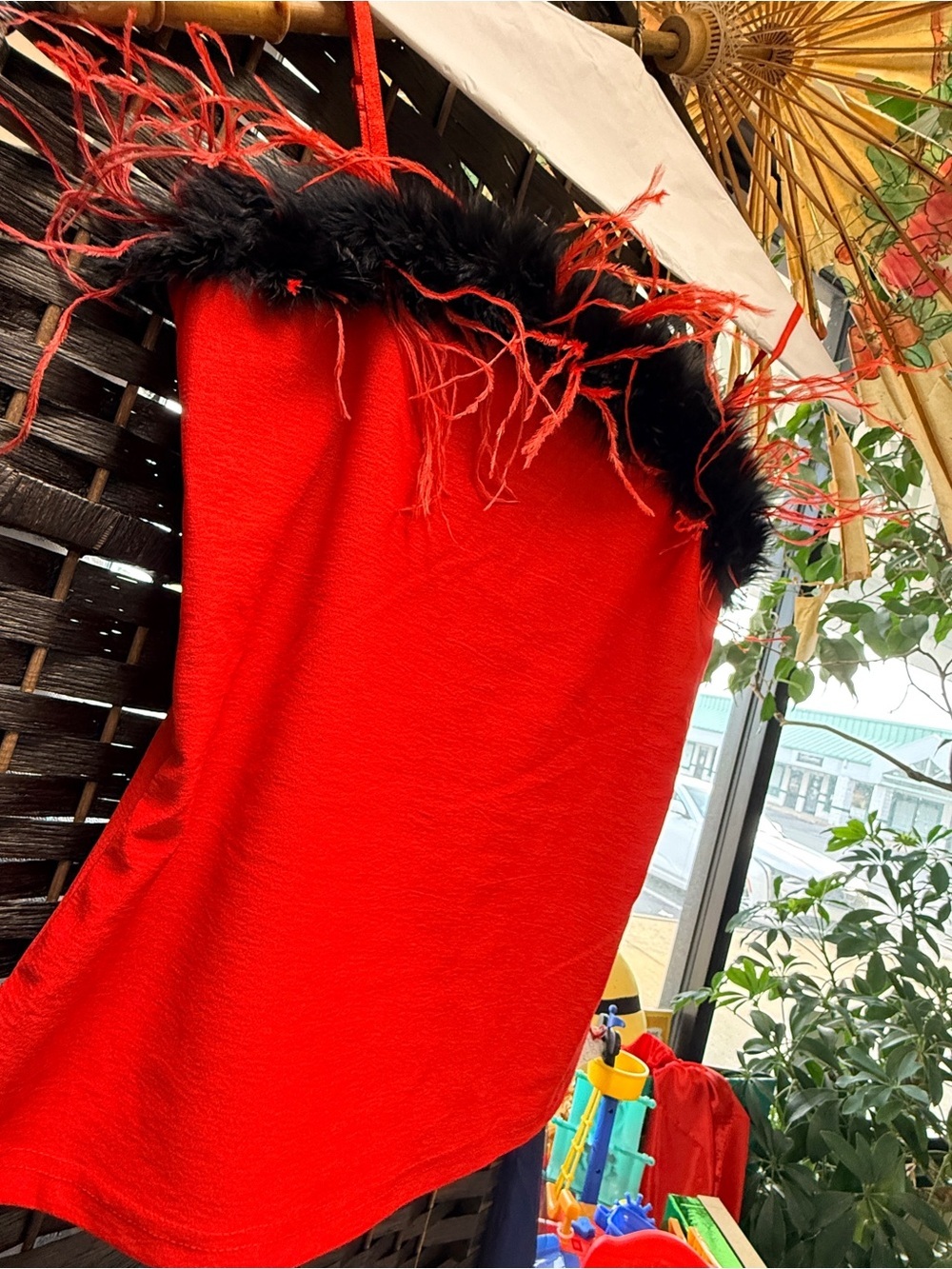 XOXO Red Camisole with Black Feather Trim